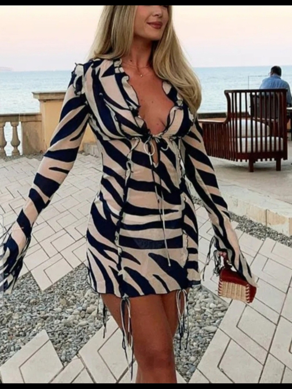 Navy & Beige Zebra Tie-Front Mini Dress
